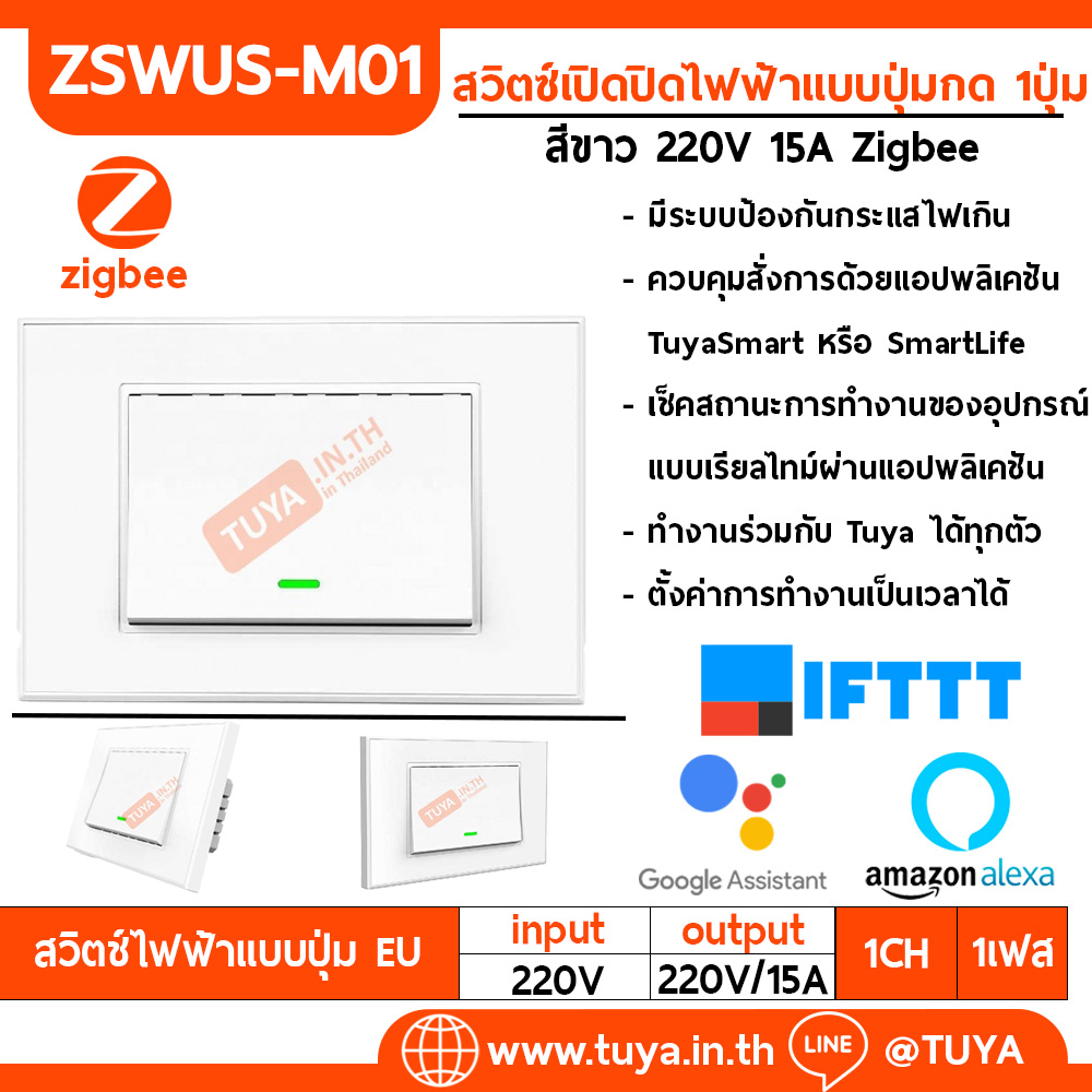 ZSWUS-M01 สวิตซ์เปิดปิดไฟฟ้าแบบปุ่มกด 1ปุ่ม ขนาดUS สีขาว Zigbee LL