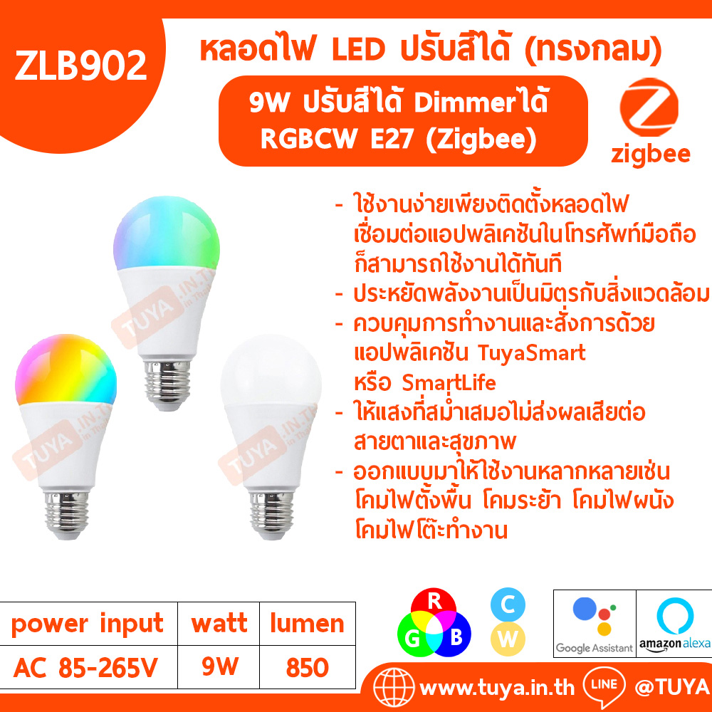 ZLB902 หลอดไฟ LED 9W ปรับสีได้ Dimmerได้ RGBCW E27 ทรงกลม (Zigbee)