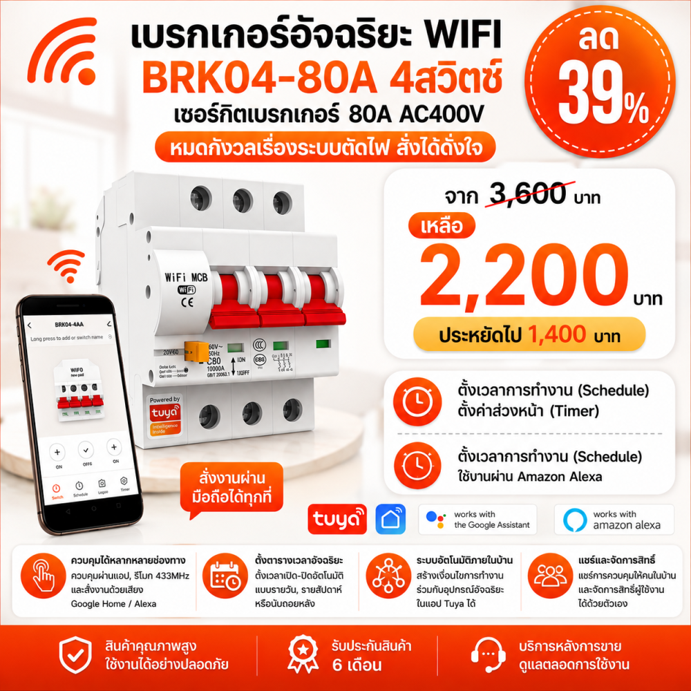 BRK04-80A เซอร์กิตเบรคเกอร์ไฟฟ้า WIFI 2.4GHZ 4สวิตซ์ สั่งงานผ่านแอปพลิเคชั่น 80A 230V