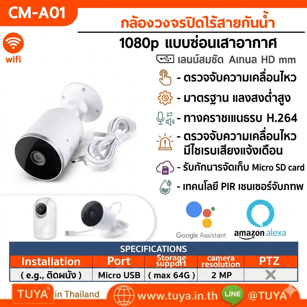CM-A01 กล้องวงจรปิดไร้สายกันน้ำ 1080p แบบซ่อนเสาอากาศ H.264 64G 5V