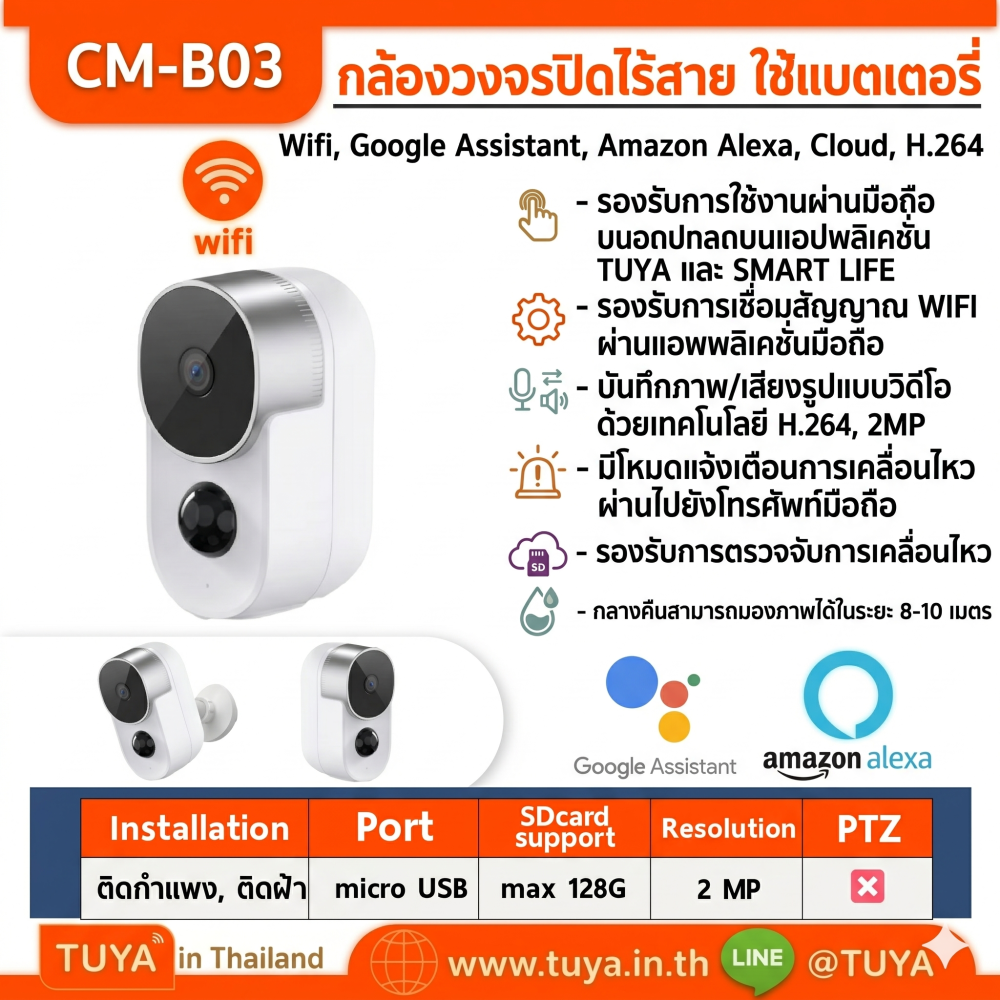 CM-B03 กล้องวงจรปิดใช้แบตเตอรี่ไร้สาย 2MP H.264 กันน้ำ 128G