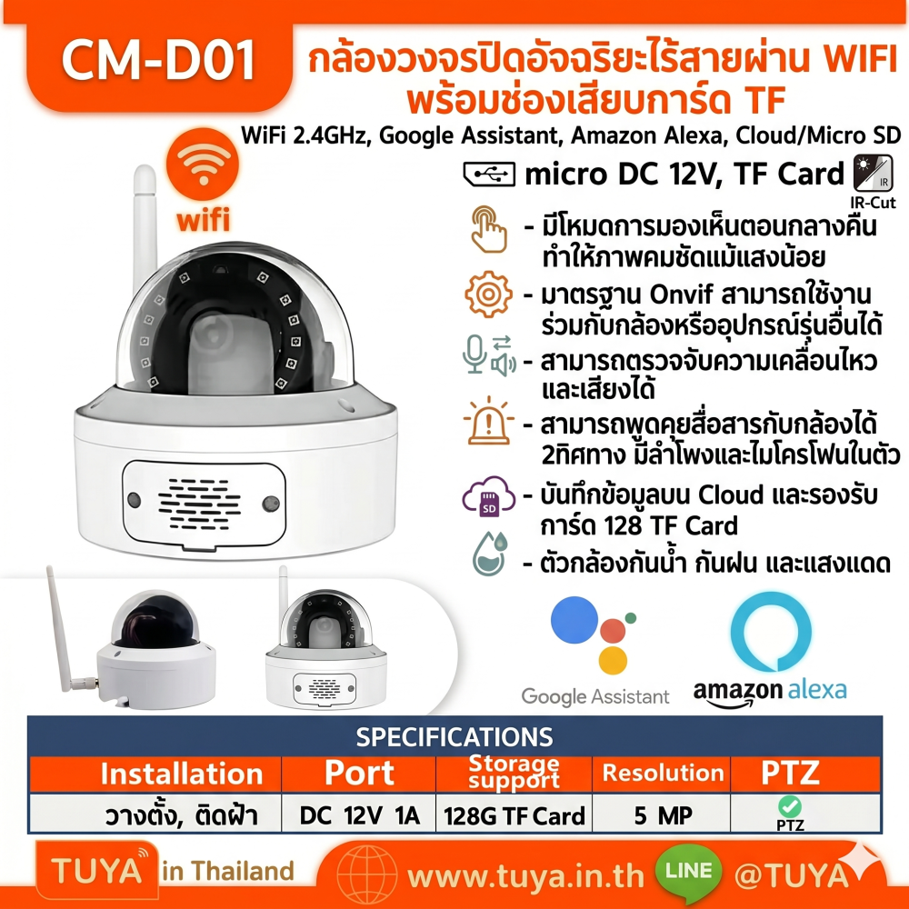 CM-D01 กล้องวงจรปิดไร้สายอัจฉริยะผ่าน WIFI พร้อมเสาอากาศและช่องเสียบการ์ด TF ความคมชัด  1080p ใช้งานภายนอกได้ กันน้ำ