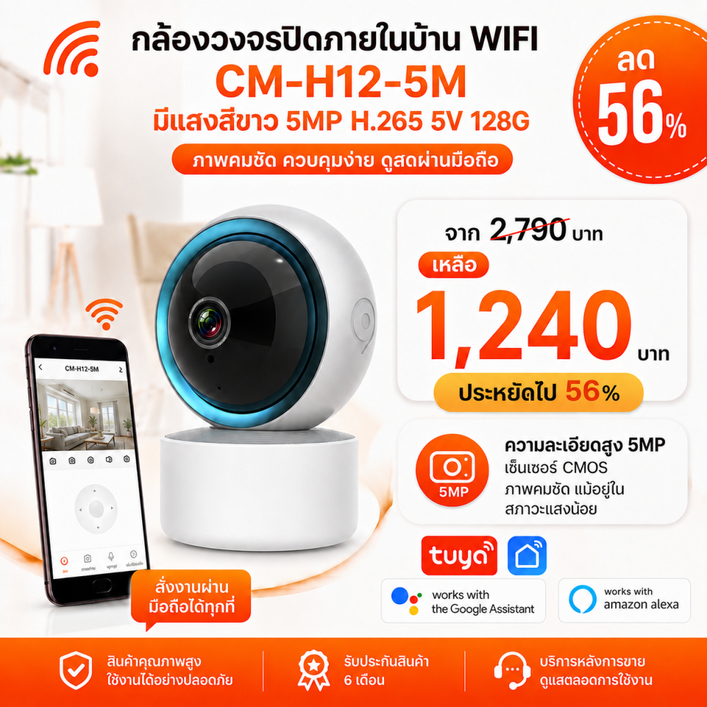 CM-H12-5M กล้องวงจรปิดภายในบ้าน WiFi มีแสงสีขาว 5MP H.265 5V 128G