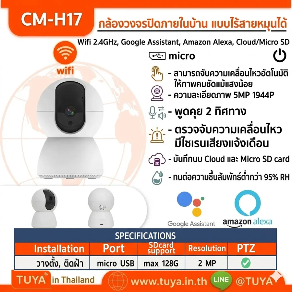 CM-H17 กล้องวงจรปิดภายในบ้านไร้สายหมุนได้ Pan Tilt TWO-WAY AUDIO 4MP 128G DC5V
