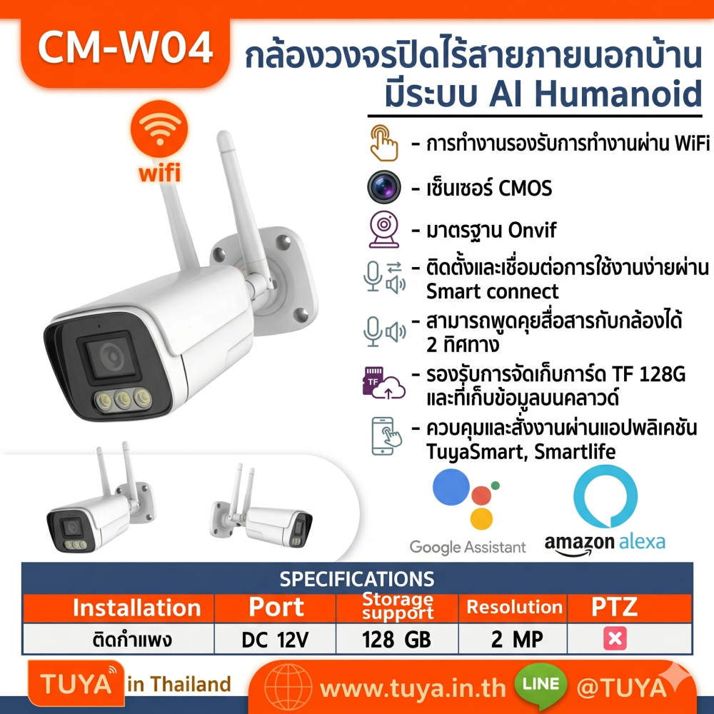 CM-W04 กล้องวงจรปิดไร้สายภายนอกบ้าน WIFI 2MP H.264 12V AI Humanoid กันน้ำIP65