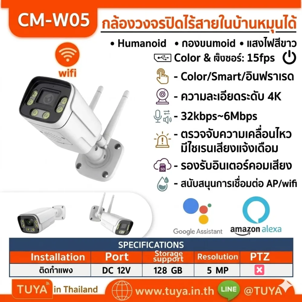 CM-W05 กล้องวงจรปิด 5MP พร้อมไฟ LED 6 ดวง WiFi LAN IP 66 DC12V 2.0A 128G
