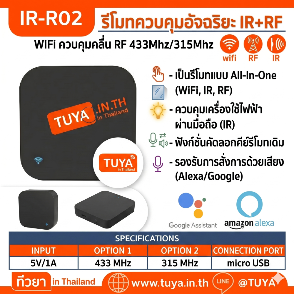 IR-R02 รีโมทควบคุมอัจฉริยะ  WIFI ควบคุมคลื่น RF 433Mhz/315Mhz สามารถทำงานได้อย่างอิสระไม่ต้องเชื่อมต่อระบบควบคุม