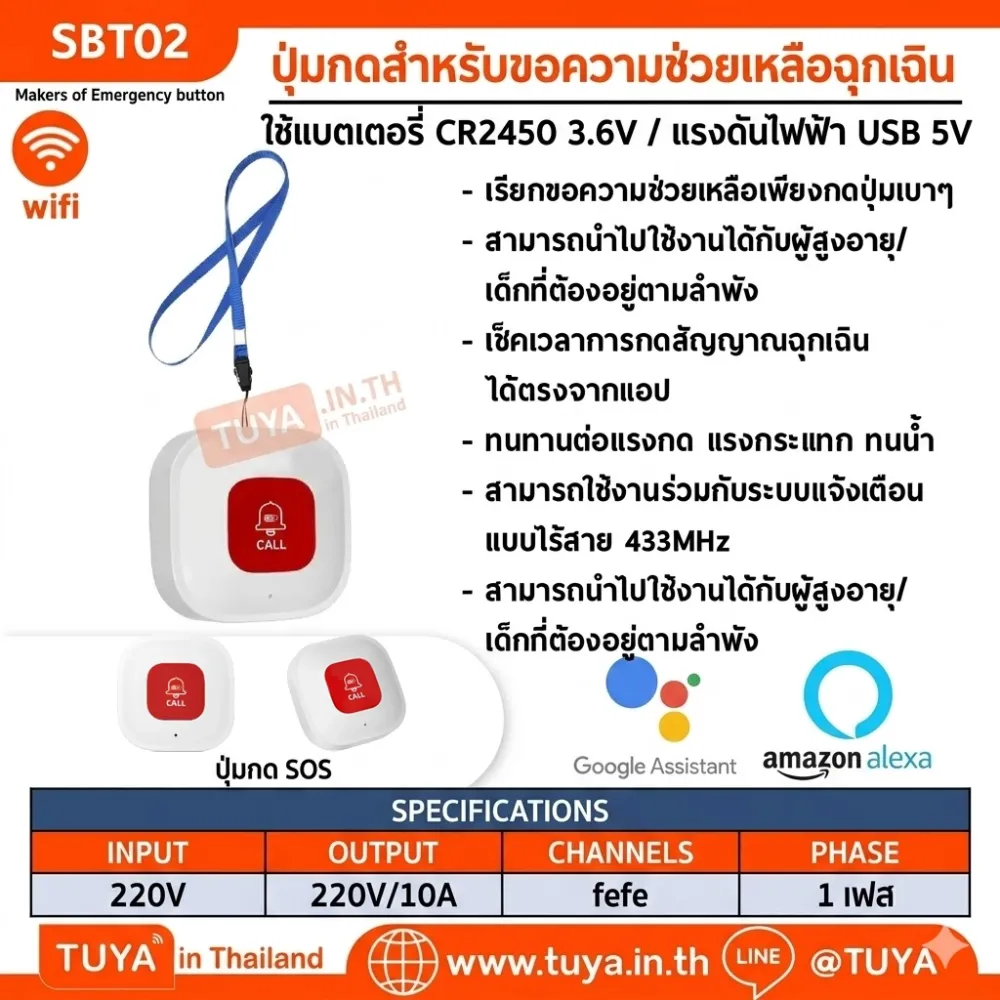 SBT02 ปุ่มกดฉุกเฉินสำหรับผู้ป่วยอัจริยะ Tuya Wifi SOS