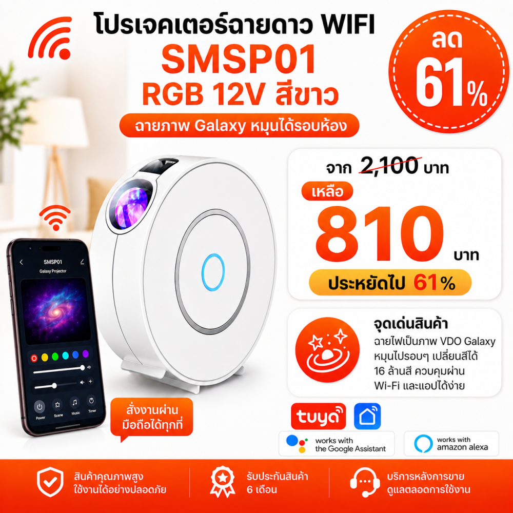 SMSP01 โปรเจคเตอร์ฉายดาวและแสงเลเซอร์เขียวบนฝ้าเพดาน WIFI RGB 12V สีขาว