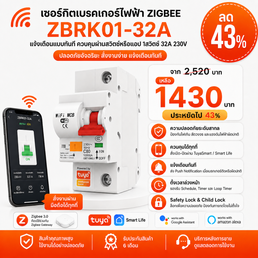 ZBRK01-32A เซอร์กิตเบรคเกอร์ไฟฟ้าแจ้งเตือนแบบทันที ควบคุมการทำงานโดยสวิตช์ หรือแอปพลิเคชันบนโทรศัพท์มือถือ Zigbee 3.0 1สวิตซ์ 32A 230V
