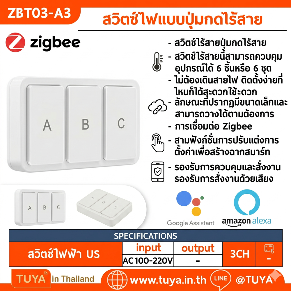 ZBT03-A3 สวิตซ์ไฟแบบปุ่มกดไร้สาย Zigbee 3 ปุ่มกด สำหรับสั่งงาน สวิตซ์ไฟและสามาร์ทซีน