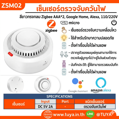 ZSM02 เซนเซอร์ตรวจจับควันไฟ สีขาวทรงกลม Zigbee AAA*2