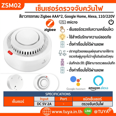 ZSM02 เซนเซอร์ตรวจจับควันไฟ สีขาวทรงกลม Zigbee AAA*2