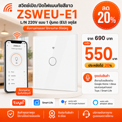 ZSWEU-E1 สวิตช์เปิด/ปิดไฟแบบทัชสีขาว L/N 220V แบบ1ปุ่มกด (EU) จตุรัส