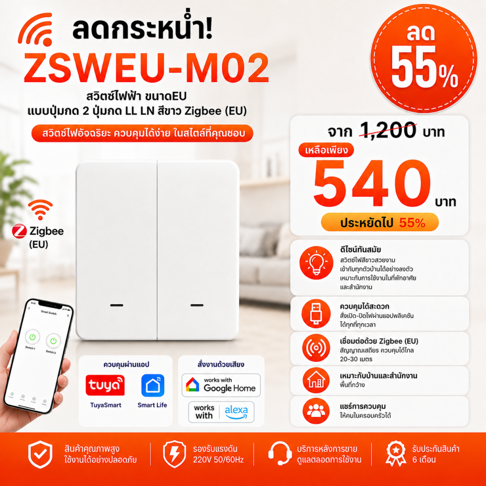 ZSWEU-M02 สวิตซ์ไฟฟ้า ขนาดEU แบบปุ่มกด 2ปุ่มกด LL LN สีขาว Zigbee (EU)