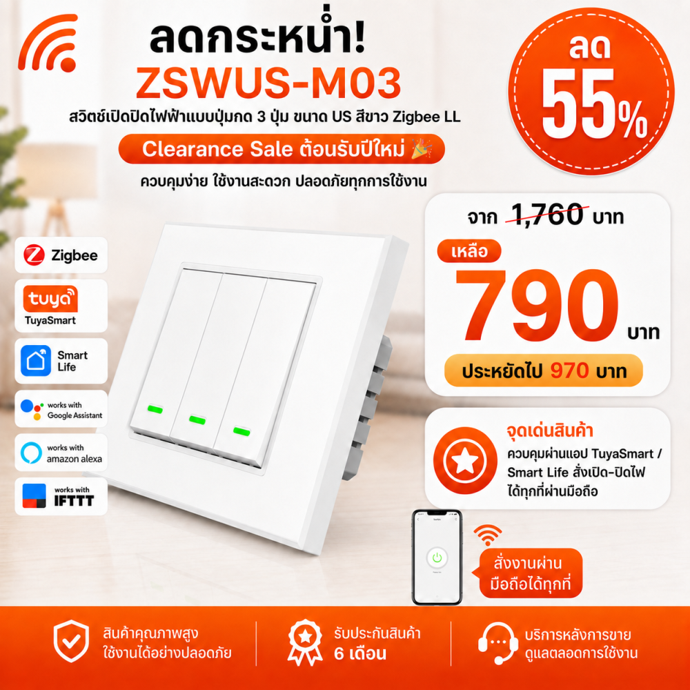 ZSWUS-M03 สวิตซ์เปิดปิดไฟฟ้าแบบปุ่มกด 3ปุ่ม ขนาดUS สีขาว Zigbee LL