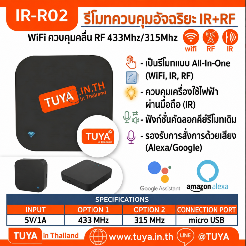 IR-R02 รีโมทควบคุมอัจฉริยะ  WIFI ควบคุมคลื่น RF 433Mhz/315Mhz สามารถทำงานได้อย่างอิสระไม่ต้องเชื่อมต่อระบบควบคุม