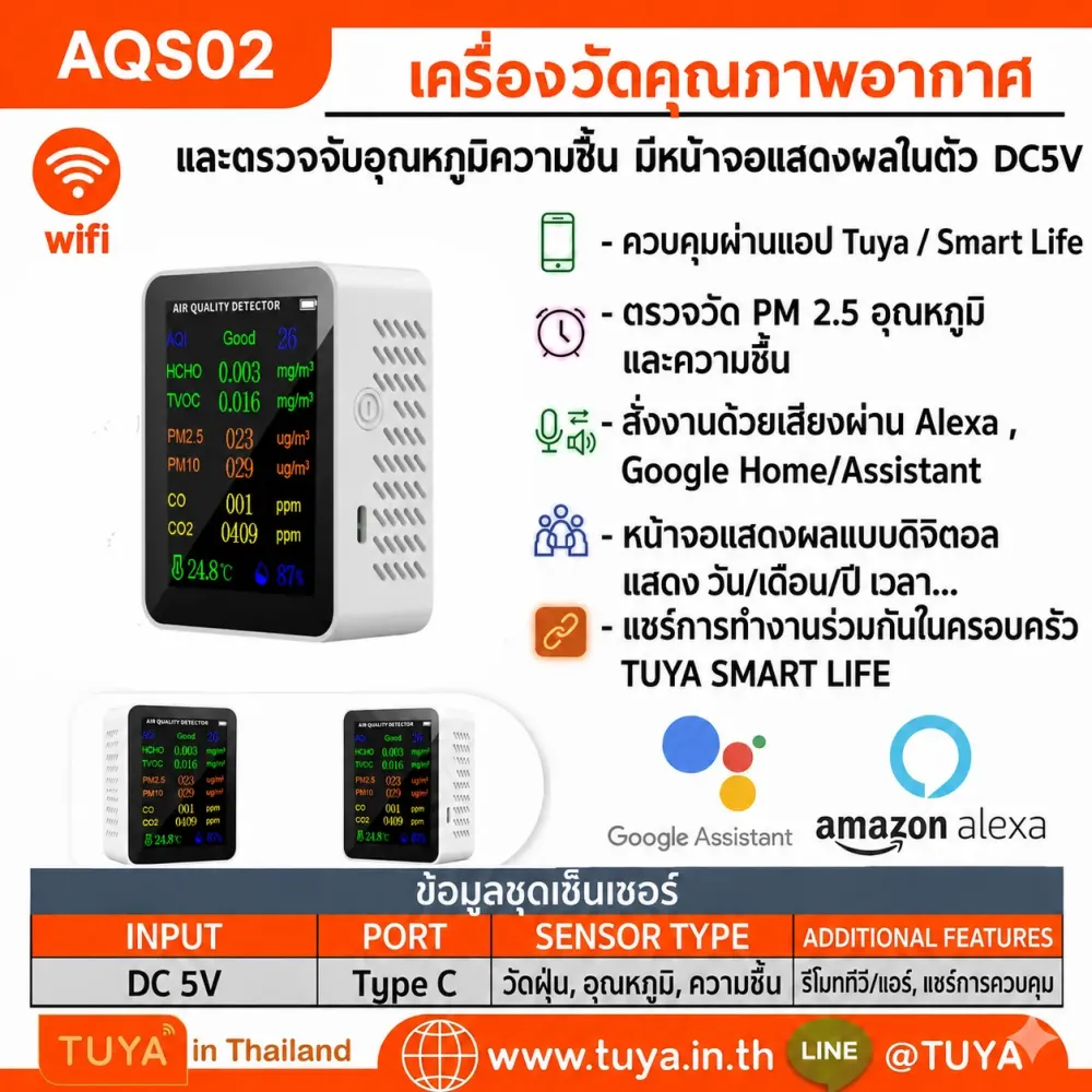 AQS02 เครื่องวัดคุณภาพอากาศ PM 2.5 และตรวจจับอุณหภูมิความชื้น มีหน้าจอแสดงผลในตัว DC5V