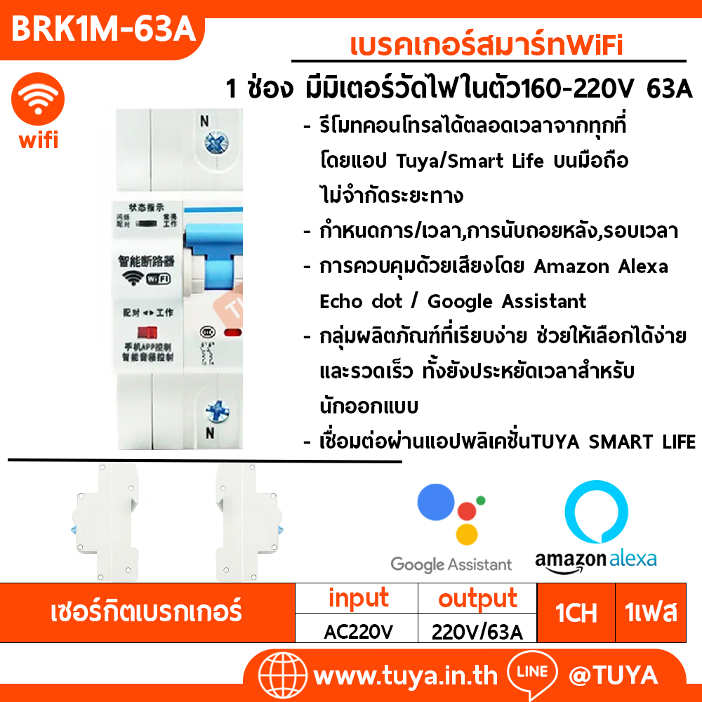 BRK1M-63A เบรคเกอร์สมาร์ทWiFi 1 ช่อง มีมิเตอร์วัดไฟในตัว160-400V 63A