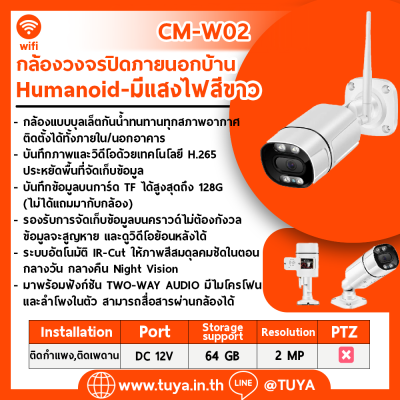 CM-W02  กล้องวงจรปิดไร้สายนอกบ้าน กันน้ำ 2MP IP65 H.265 12V