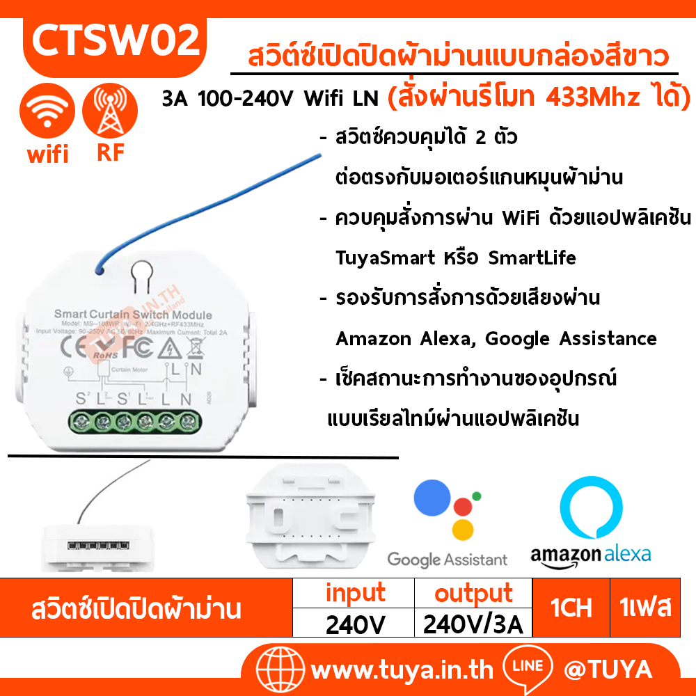 CTSW02 สวิต์ซ์เปิดปิดผ้าม่านแบบกล่องสีขาว 3A 100-240V Wifi LN สั่งผ่านรีโมท 433Mhz