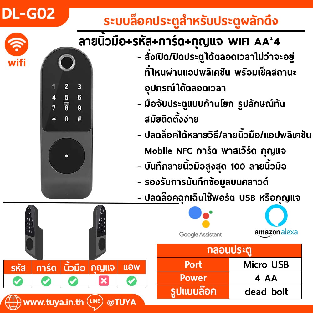 DL-G02 ระบบล็อคประตูสำหรับประตูผลักดึง ลายนิ้วมือ/รหัส/กุญแจ/การ์ด WIFI AA*4