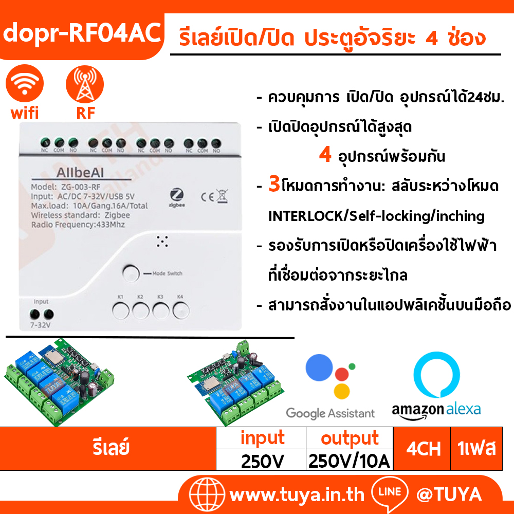 DOPR-RF04AC  รีเลย์เปิด/ปิด ประตูอัจริยะ 4 ช่อง WIFI + RF 4CH Tuya สมาร์ท Wifi ไฟเข้าDC 7V-32V 220V 433 Remote Control Appliance Control โมดูล4CH รีเลย์ทำงานร่วมกับ Alexa Google Home