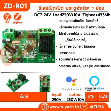 ZD-R01 รีเลย์สวิตซ์ 1ช่อง Zigbee+RF433 250V 10A DC7-32V