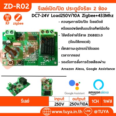 ZD-R02 รีเลย์สวิตซ์2ช่อง DC7-32V Load250V/10A Zigbee+433Mhz