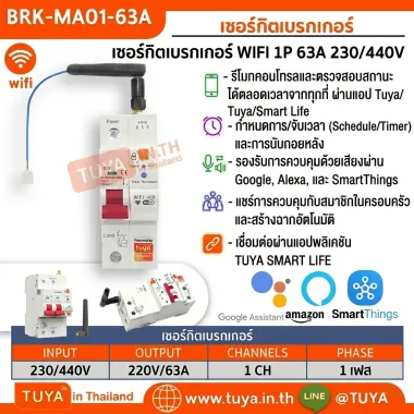 BRK-MA01-63A เซอร์กิตเบรกเกอร์ 1P สีขาว ควบคุมระยะไกล จับเวลารีเลย์ 63A 230/440V