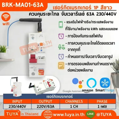 BRK-MA01-63A เซอร์กิตเบรกเกอร์ 1P สีขาว ควบคุมระยะไกล จับเวลารีเลย์ 63A 230/440V