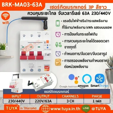 BRK-MA03-63A เซอร์กิตเบรกเกอร์ 3P สีขาว ควบคุมระยะไกล จับเวลารีเลย์ 63A 230/440V