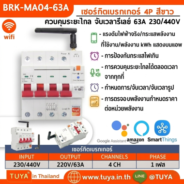 BRK-MA04-63A เซอร์กิตเบรกเกอร์ 4P สีขาว ควบคุมระยะไกล จับเวลารีเลย์ 63A 230/440V
