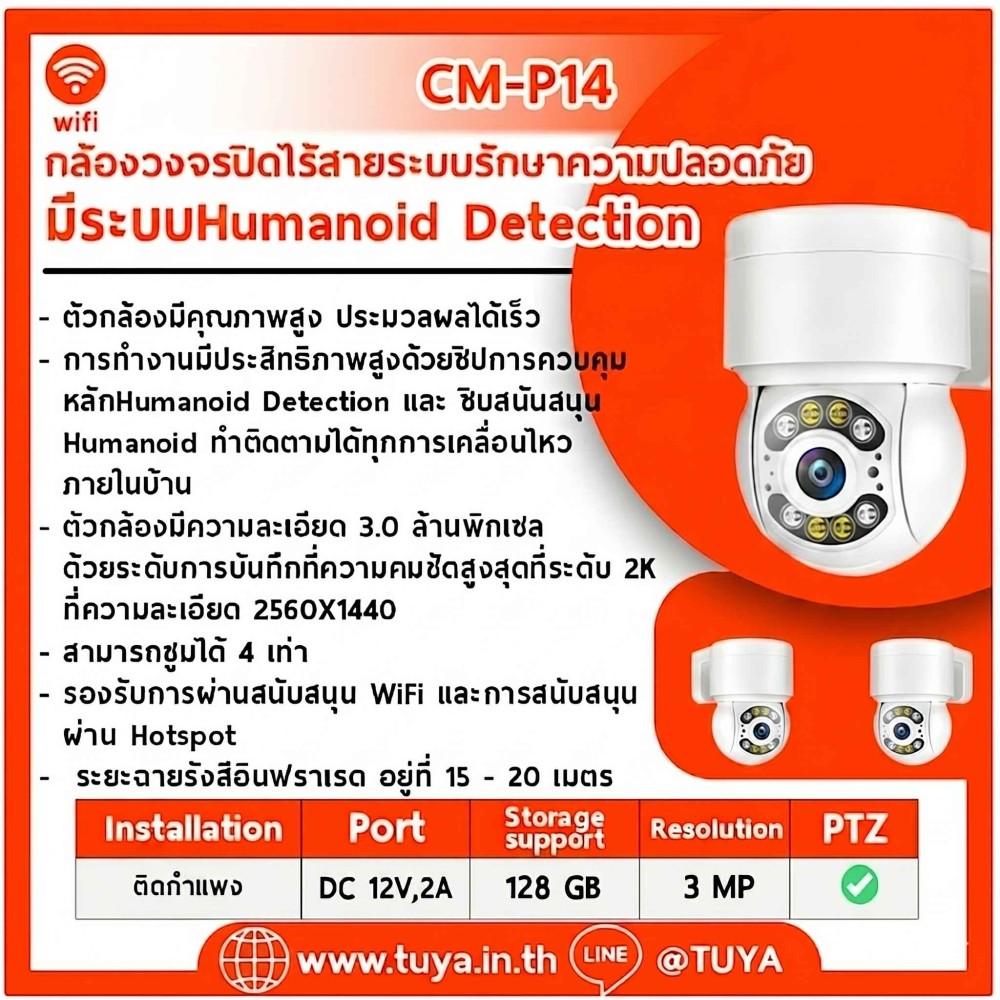 CM-P14 กล้องวงจรปิดไร้สายหมุนได้ WIFI 3MP 3.6mm H.264 128GB