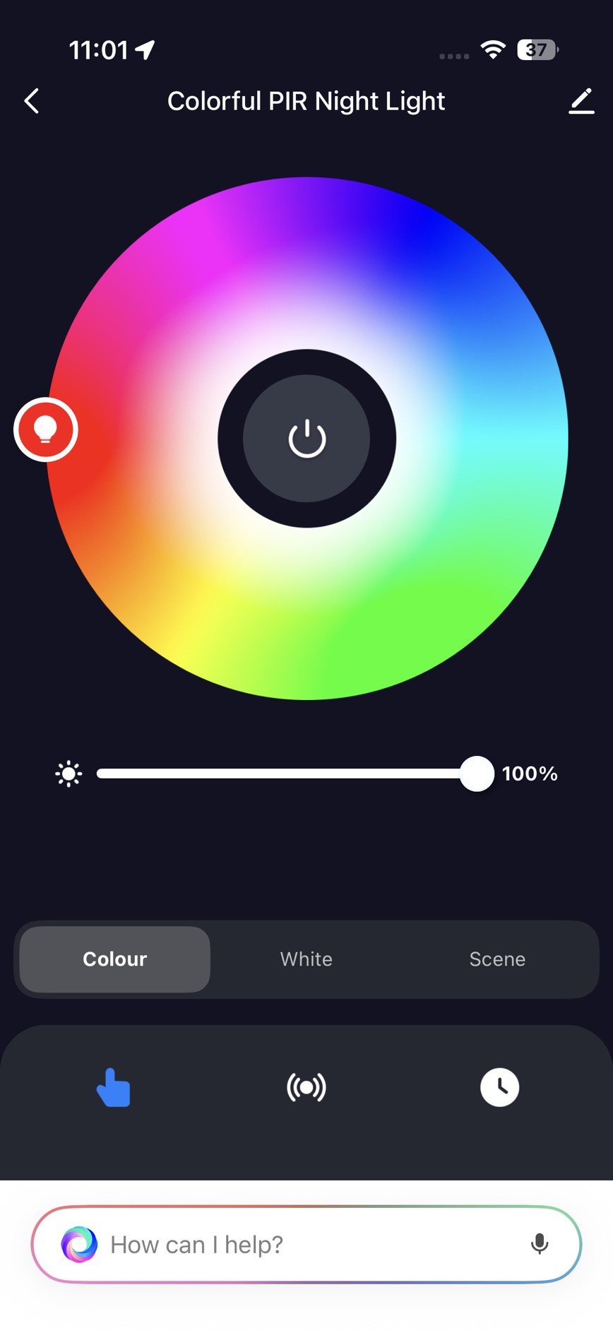 หน้าหลักของแอป Colorful PIR Night Light